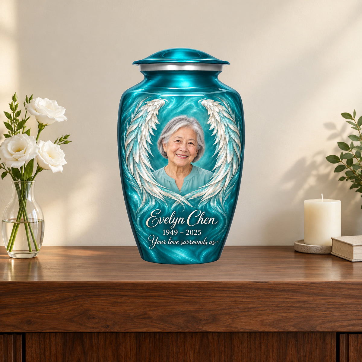 Blue personalized angel wings adult urn on a memorial console.