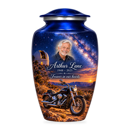 Blue adult Desert Observatory motorcycle urn with fictional sample portrait, name and dates, shown on white.