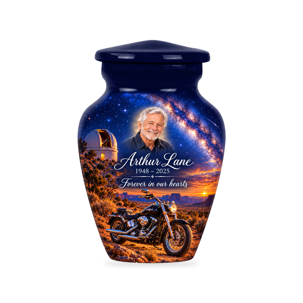 One ringless Desert Observatory motorcycle keepsake urn with fictional sample portrait and text.