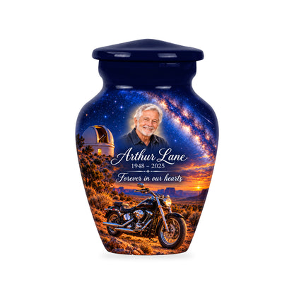 One ringless Desert Observatory motorcycle keepsake urn with fictional sample portrait and text.