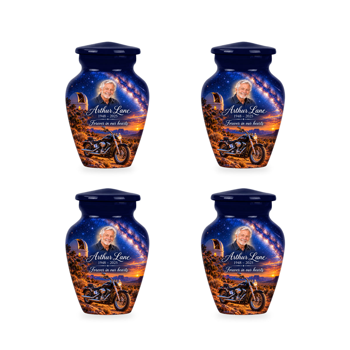 Four matching ringless Desert Observatory motorcycle keepsake urns with fictional sample personalization.