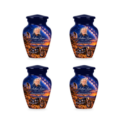 Four matching ringless Desert Observatory motorcycle keepsake urns with fictional sample personalization.