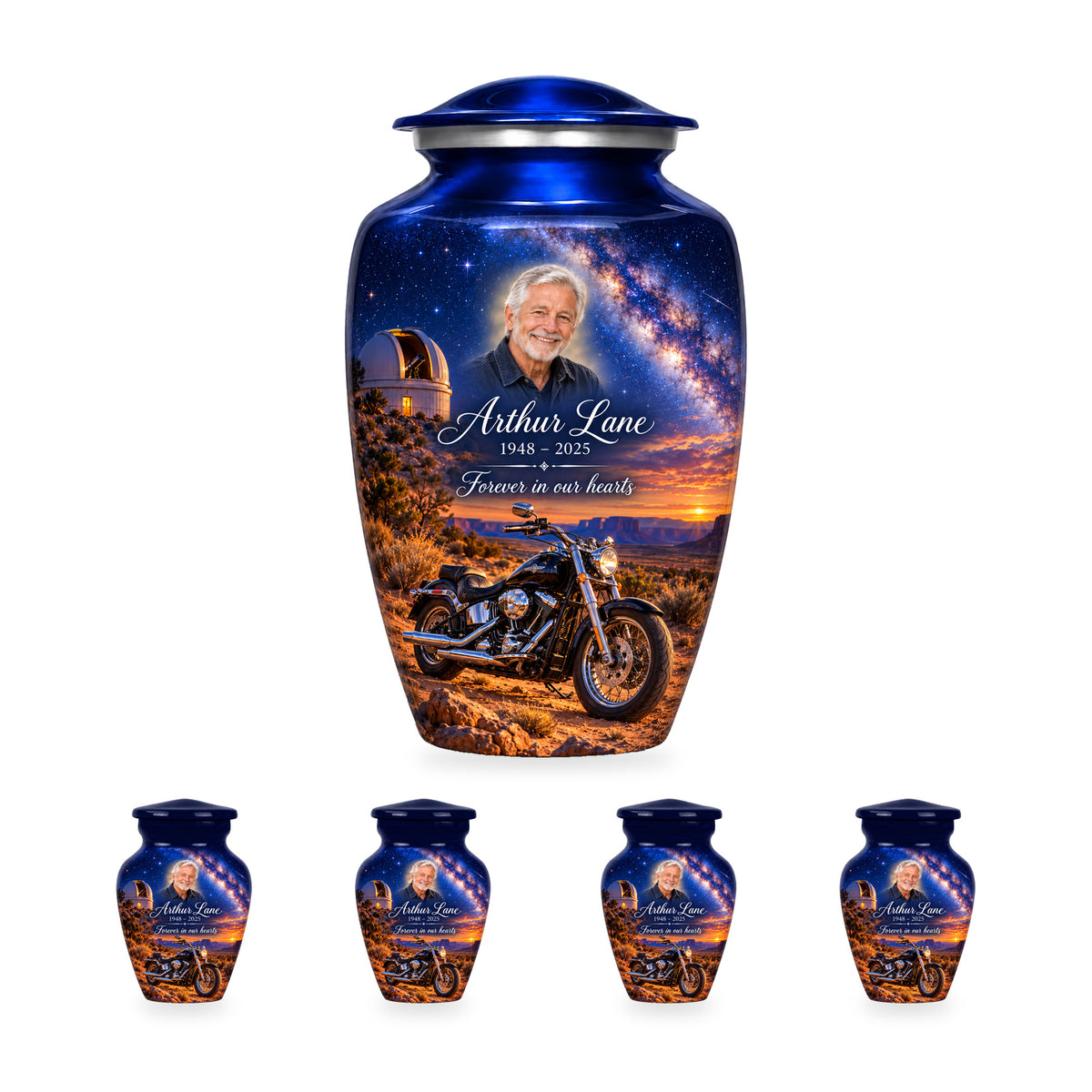 Desert Observatory adult motorcycle urn with four matching ringless keepsakes; the selected package includes five urns.