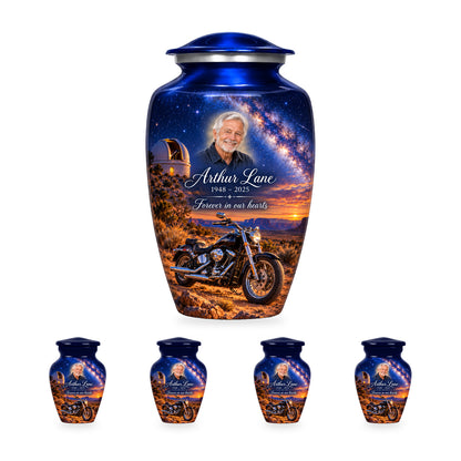 Desert Observatory adult motorcycle urn with four matching ringless keepsakes; the selected package includes five urns.