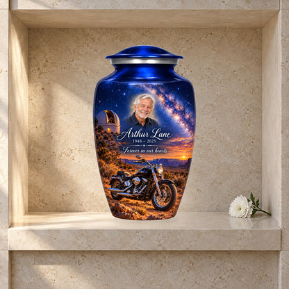 Desert Observatory adult motorcycle urn in a styled columbarium display; decorative props are not included.