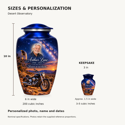 Dimensions: adult 10 inches high, 6 inches widest, 200 cubic inches; keepsake 3 inches high, approximately 1.5 inches wide, 3–5 cubic inches.