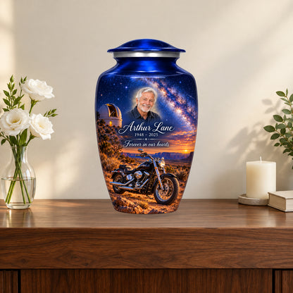 Desert Observatory personalized motorcycle urn in a styled memorial display; decorative props are not included.