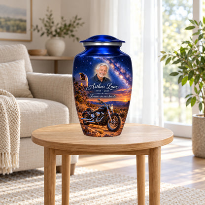 Desert Observatory adult motorcycle urn in a home display; furniture and decorative props are not included.
