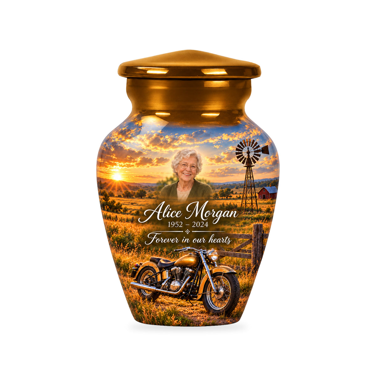 One ringless Prairie Windmill motorcycle keepsake urn with fictional sample portrait and text.