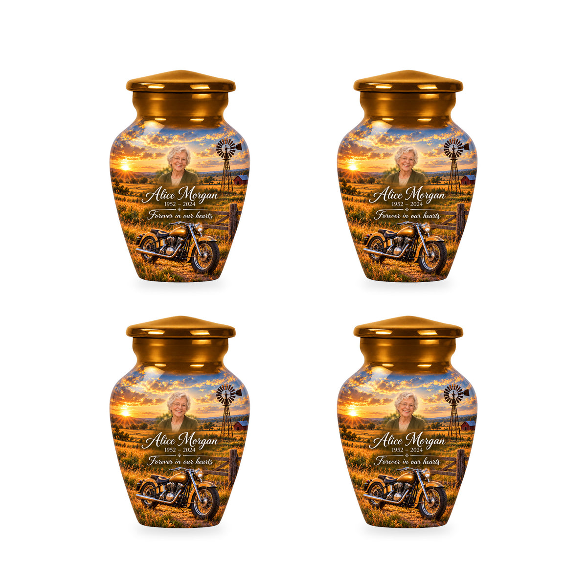 Four matching ringless Prairie Windmill motorcycle keepsake urns with fictional sample personalization.