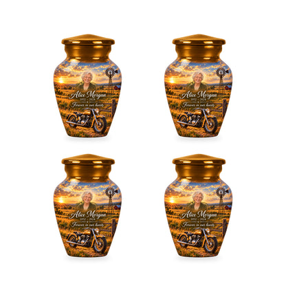 Four matching ringless Prairie Windmill motorcycle keepsake urns with fictional sample personalization.
