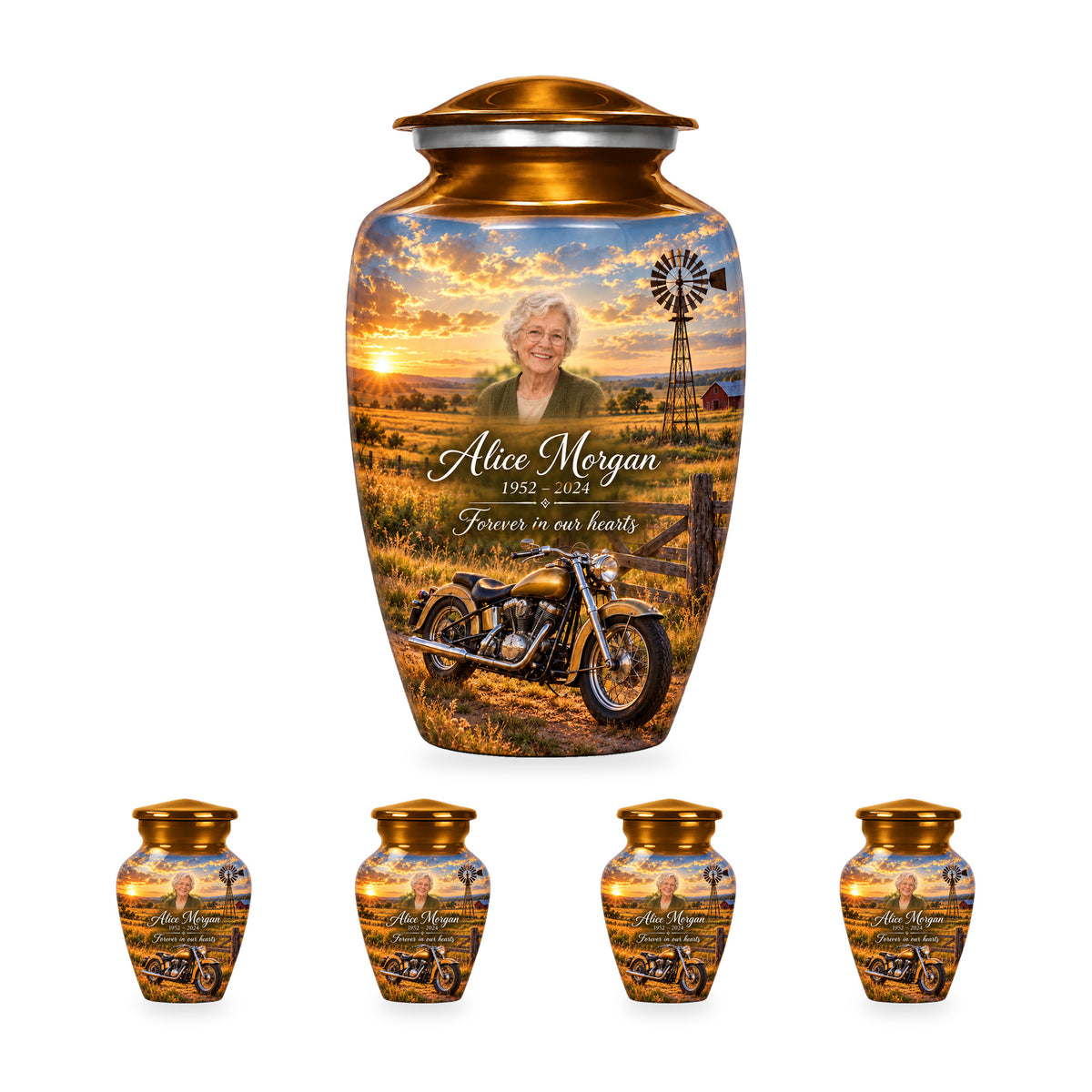 Prairie Windmill adult motorcycle urn with four matching ringless keepsakes; the selected package includes five urns.