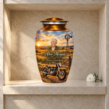 Prairie Windmill adult motorcycle urn in a styled columbarium display; decorative props are not included.