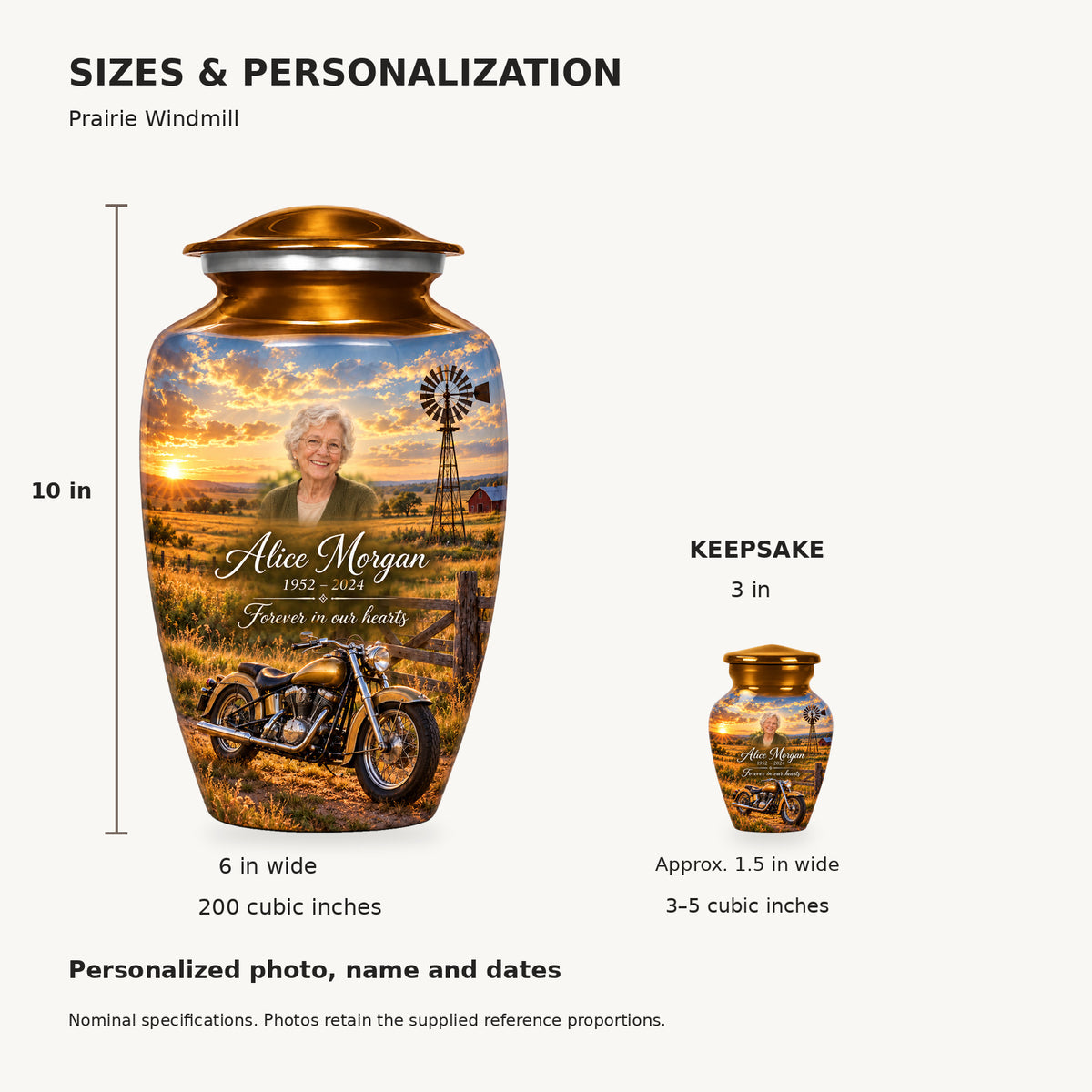 Dimensions: adult 10 inches high, 6 inches widest, 200 cubic inches; keepsake 3 inches high, approximately 1.5 inches wide, 3–5 cubic inches.