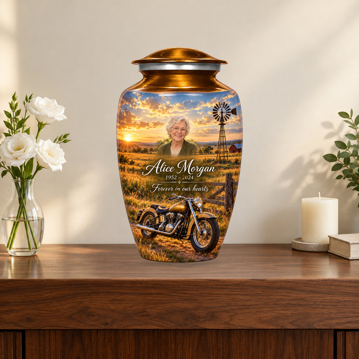 Prairie Windmill personalized motorcycle urn in a styled memorial display; decorative props are not included.