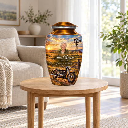 Prairie Windmill adult motorcycle urn in a home display; furniture and decorative props are not included.