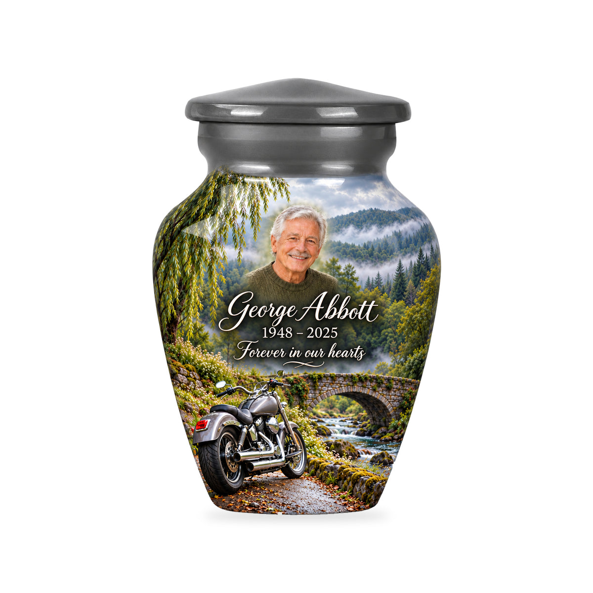 One ringless Stonebridge Journey motorcycle keepsake urn with fictional sample portrait and text.