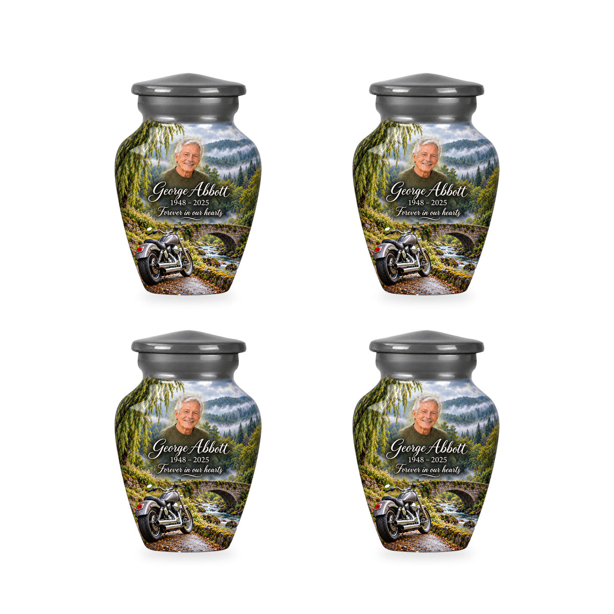 Four matching ringless Stonebridge Journey motorcycle keepsake urns with fictional sample personalization.