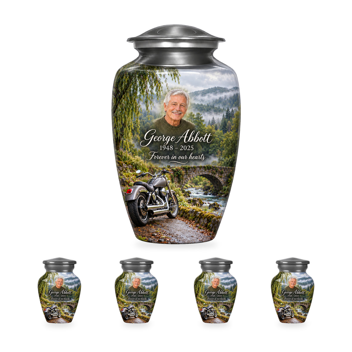 Stonebridge Journey adult motorcycle urn with four matching ringless keepsakes; the selected package includes five urns.