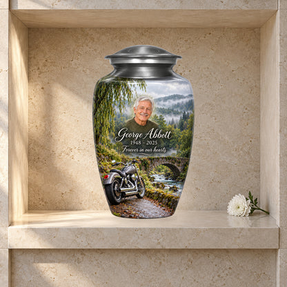Stonebridge Journey adult motorcycle urn in a styled columbarium display; decorative props are not included.