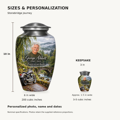 Dimensions: adult 10 inches high, 6 inches widest, 200 cubic inches; keepsake 3 inches high, approximately 1.5 inches wide, 3–5 cubic inches.