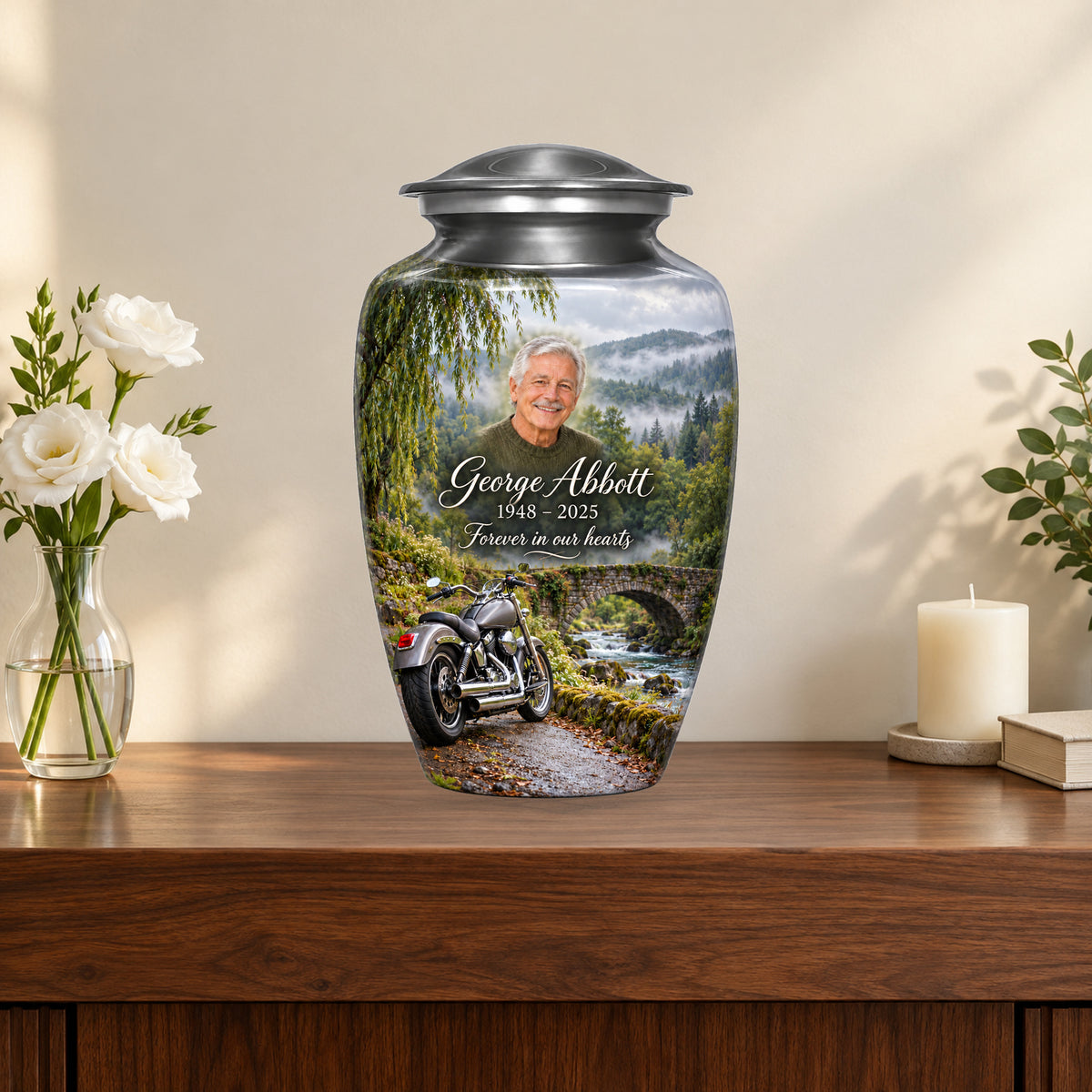 Stonebridge Journey personalized motorcycle urn in a styled memorial display; decorative props are not included.
