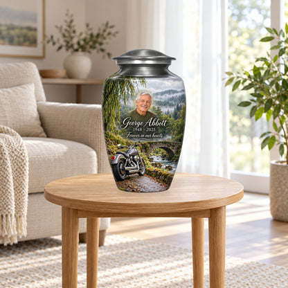 Stonebridge Journey adult motorcycle urn in a home display; furniture and decorative props are not included.