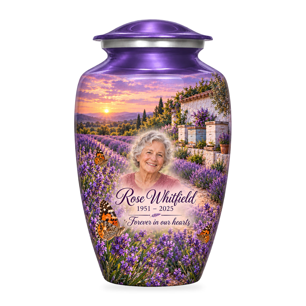 Purple adult Lavender Apiary butterfly urn with fictional sample portrait, name and years, shown on white.