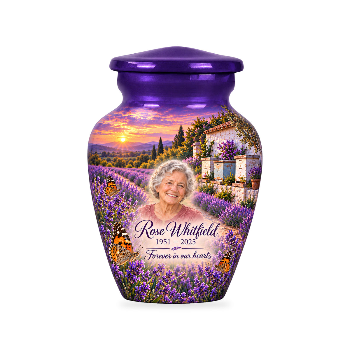 One ringless Lavender Apiary butterfly keepsake urn with fictional sample portrait and text.