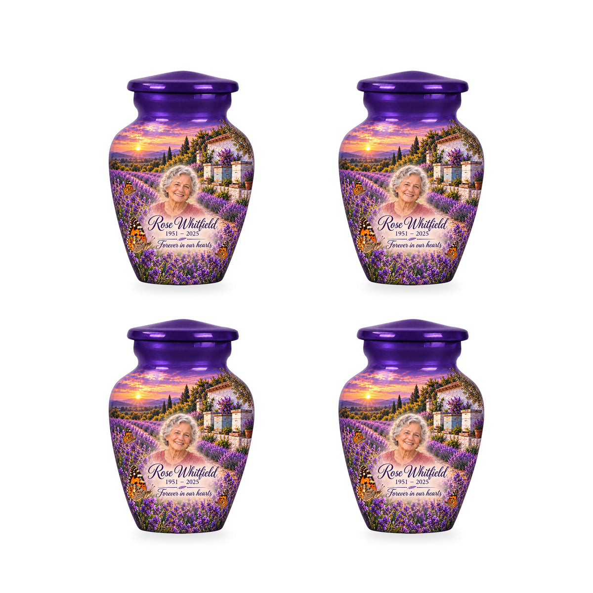 Four matching ringless Lavender Apiary butterfly keepsake urns with fictional sample personalization.