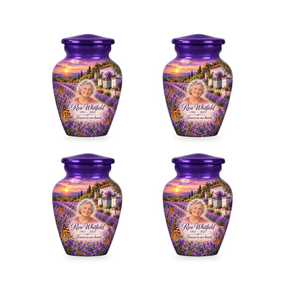 Four matching ringless Lavender Apiary butterfly keepsake urns with fictional sample personalization.