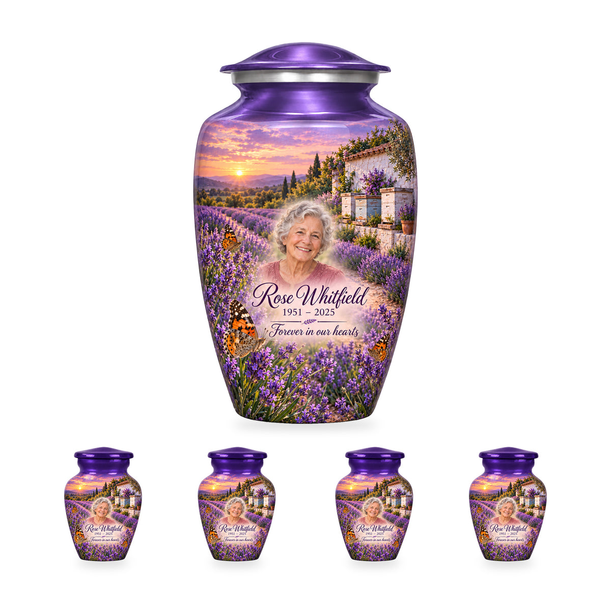 Lavender Apiary adult butterfly urn with four matching ringless keepsakes; the selected package includes five urns.