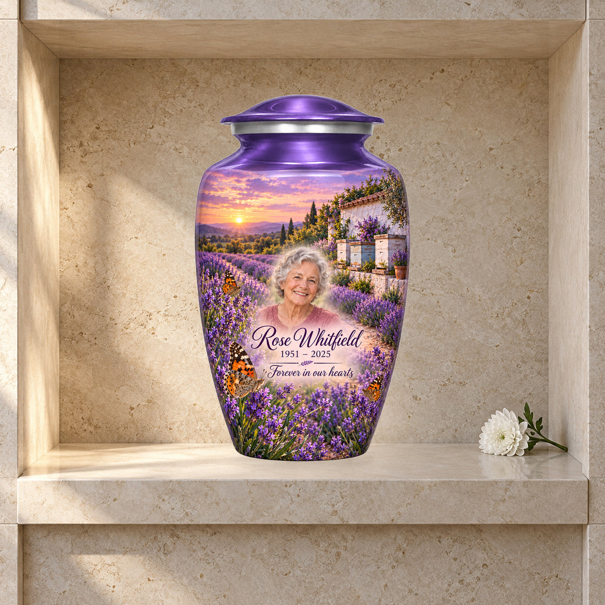 Lavender Apiary adult butterfly urn in a styled columbarium display; decorative props are not included.