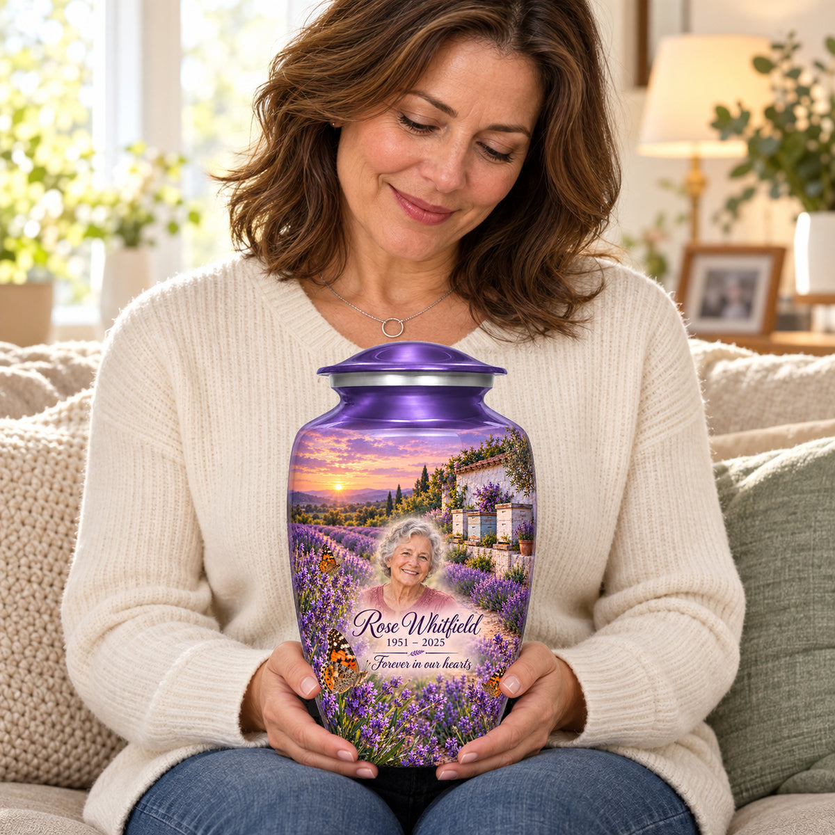 Seated person holding the adult Lavender Apiary butterfly urn on their lap.