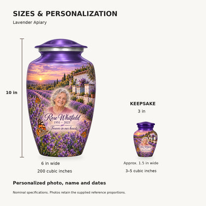 Nominal dimensions: adult 10 inches high, 6 inches widest, 200 cubic inches; keepsake 3 inches high, approximately 1.5 inches wide, 3–5 cubic inches.