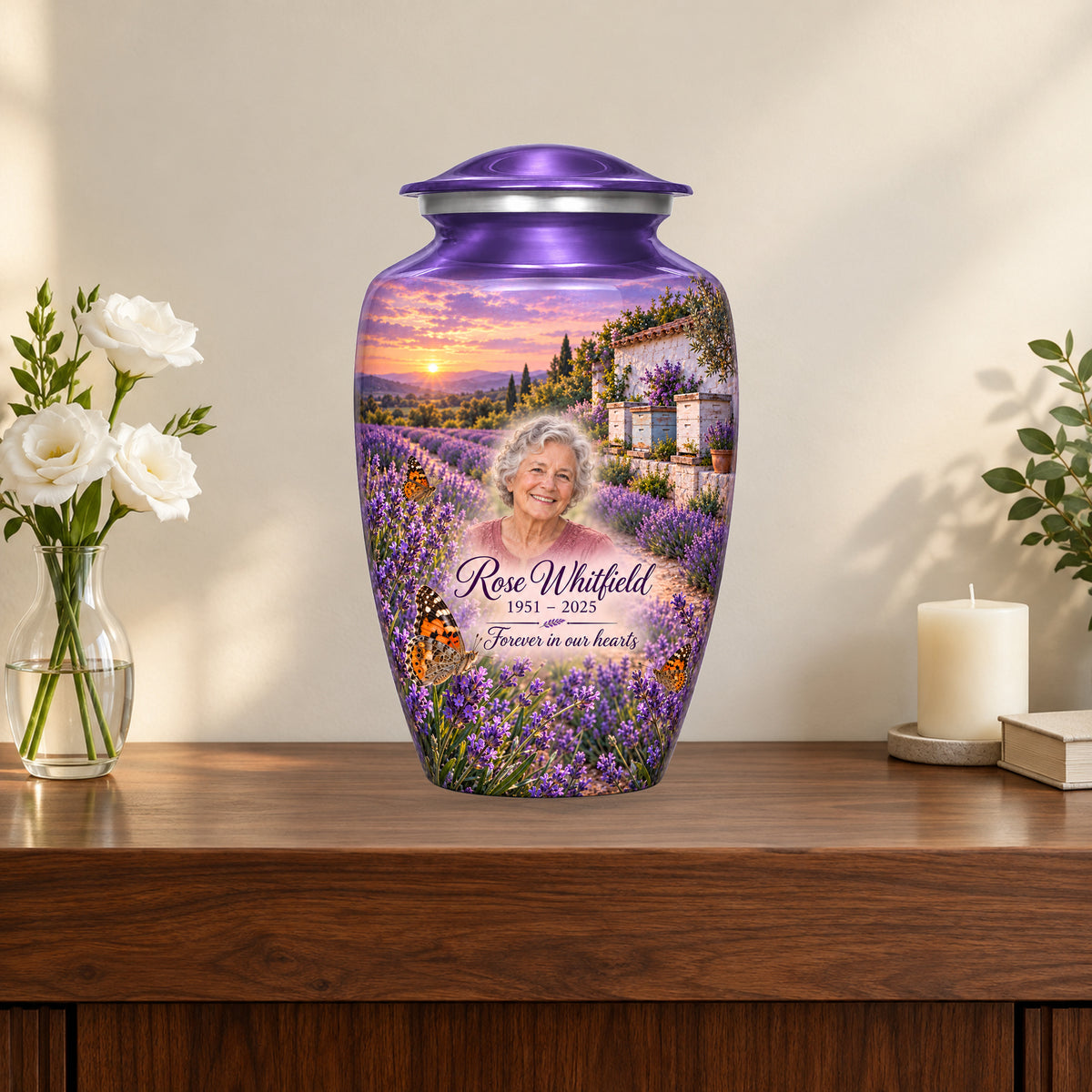 Lavender Apiary personalized butterfly urn in a styled memorial display; decorative props are not included.