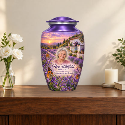 Lavender Apiary personalized butterfly urn in a styled memorial display; decorative props are not included.