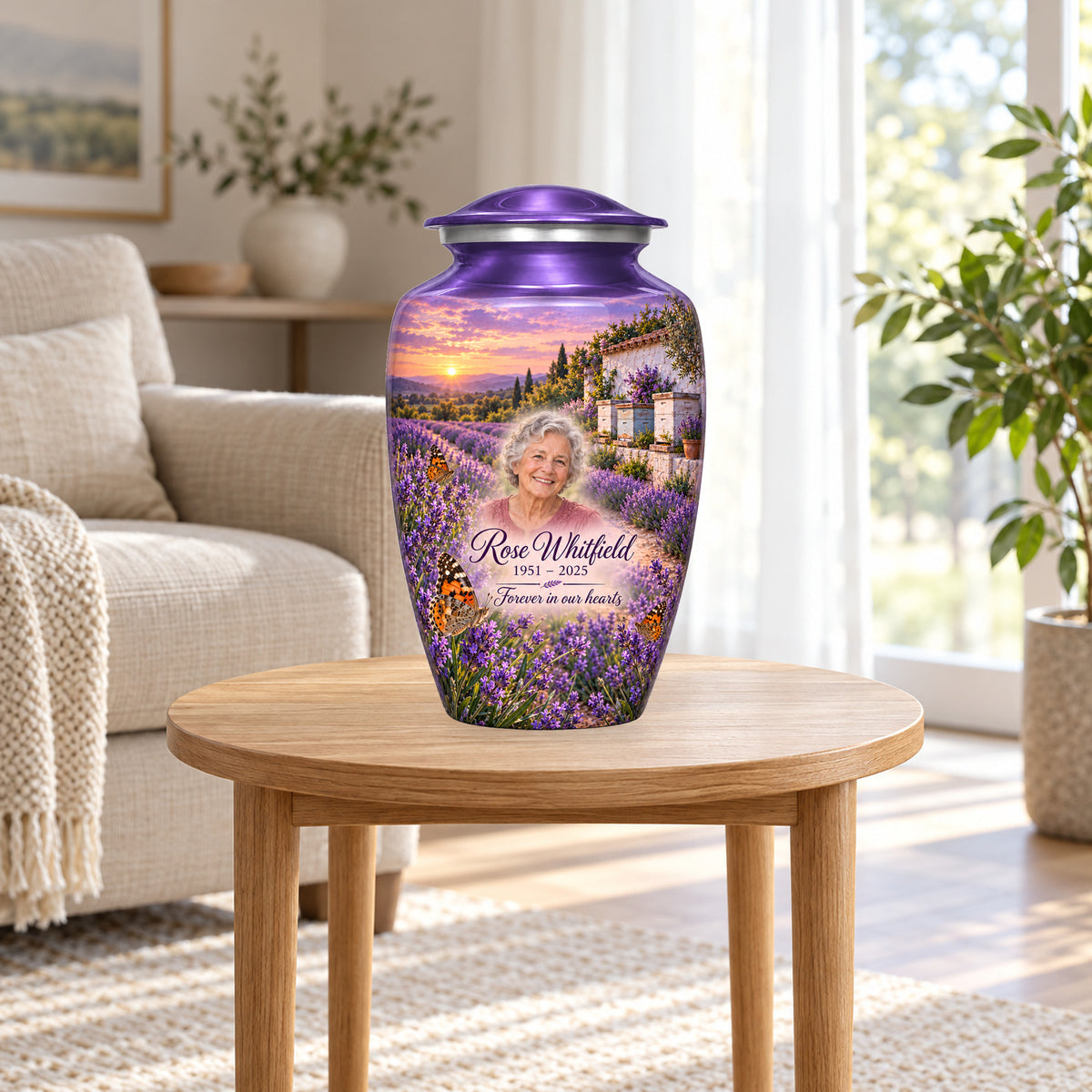 Lavender Apiary adult butterfly urn in a home display; furniture and decorative props are not included.