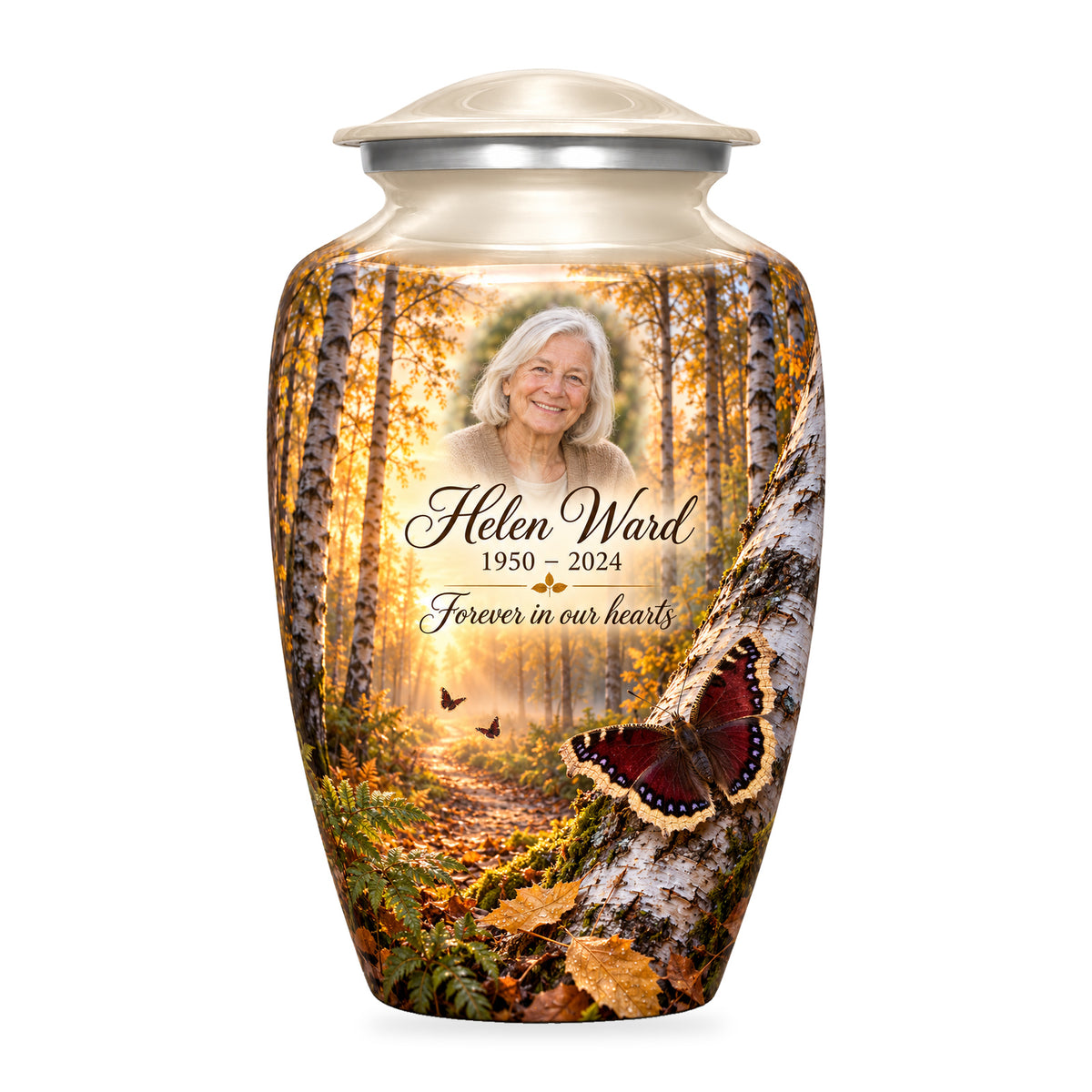 White adult Birch Dawn butterfly urn with fictional sample portrait, name and years, shown on white.