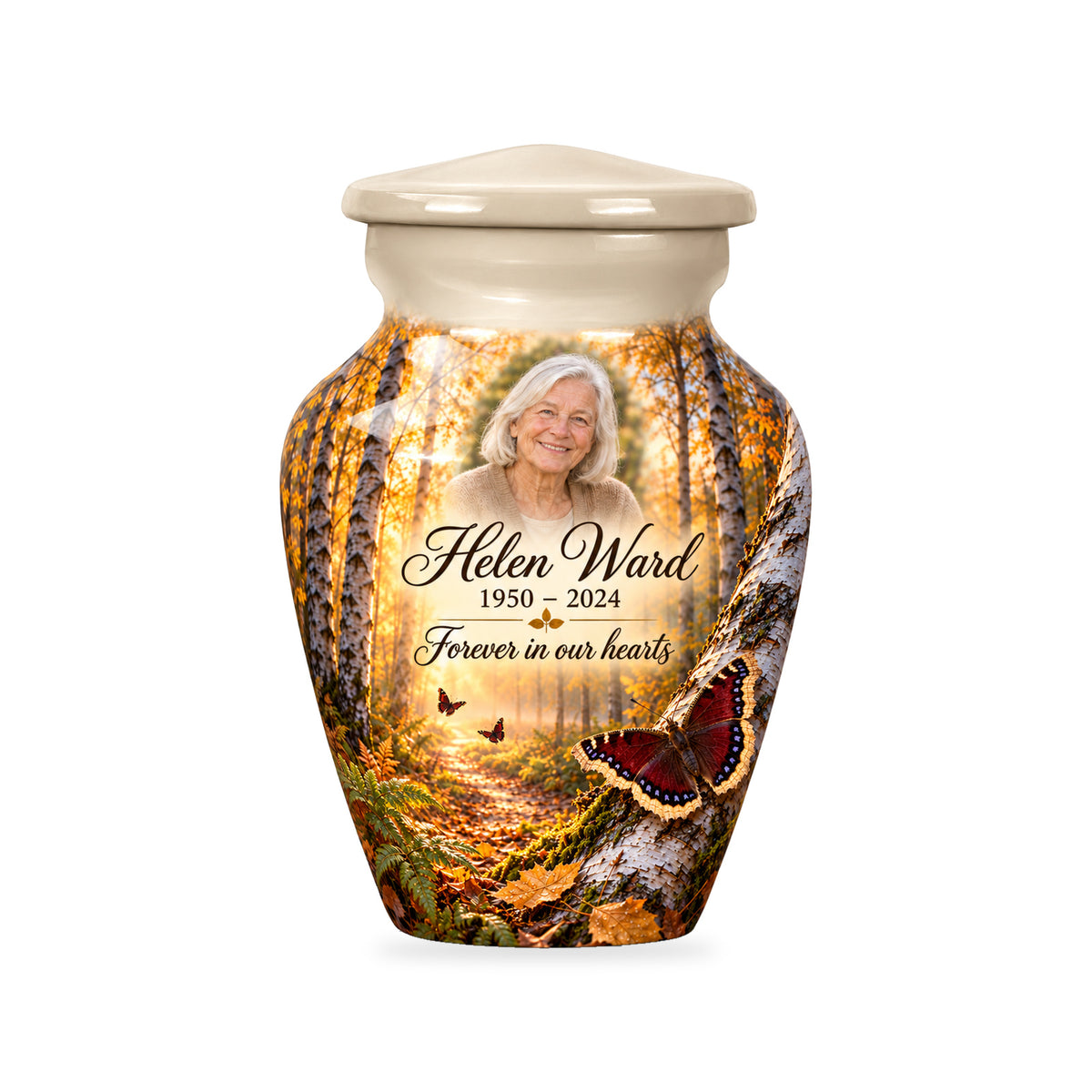 One ringless Birch Dawn butterfly keepsake urn with fictional sample portrait and text.