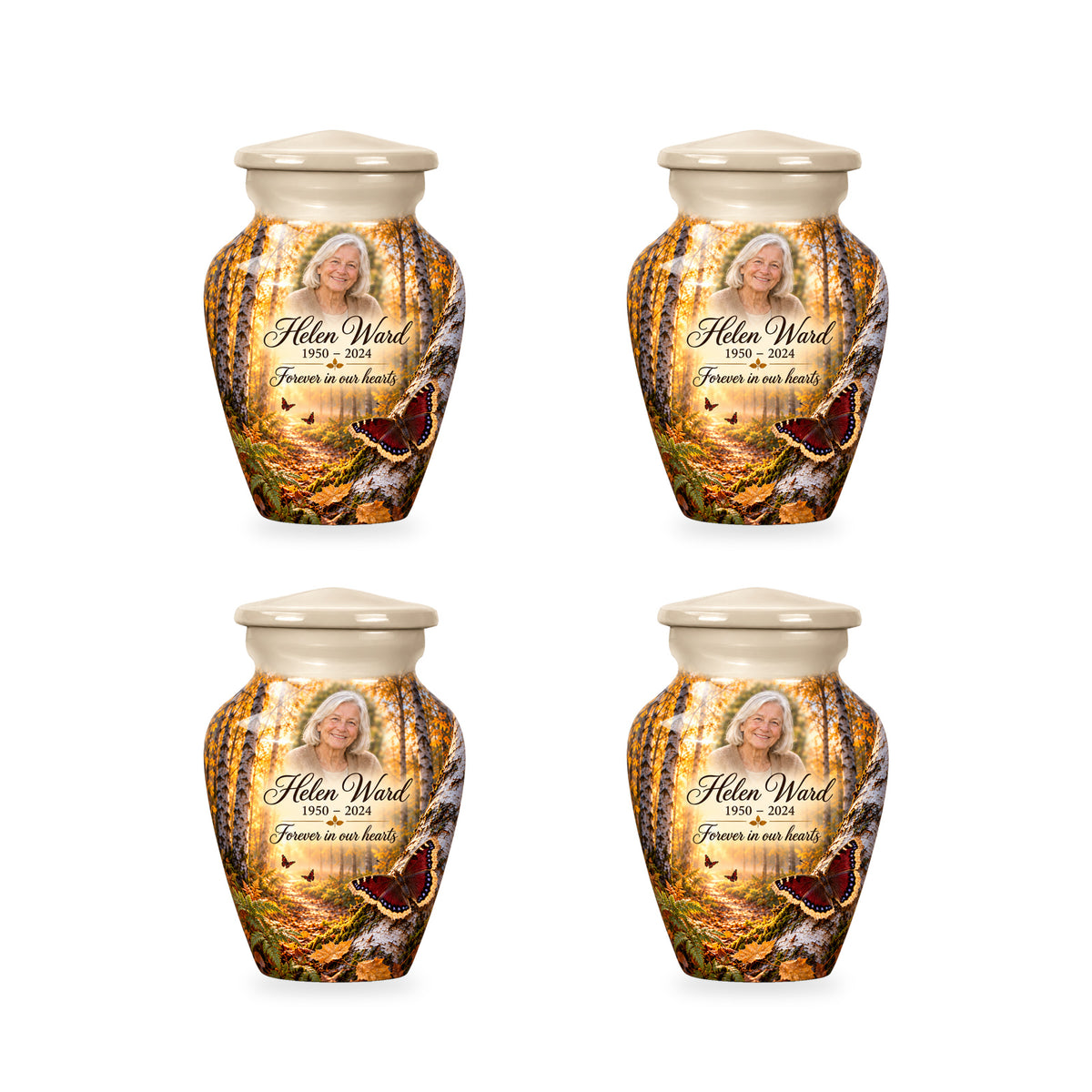 Four matching ringless Birch Dawn butterfly keepsake urns with fictional sample personalization.