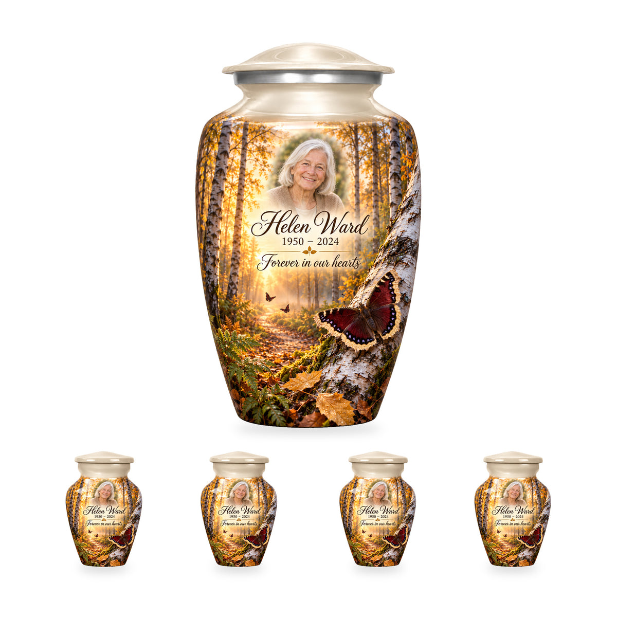 Birch Dawn adult butterfly urn with four matching ringless keepsakes; the selected package includes five urns.