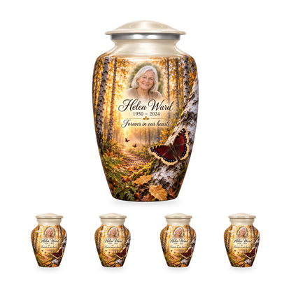 Birch Dawn adult butterfly urn with four matching ringless keepsakes; the selected package includes five urns.