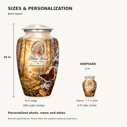 Nominal dimensions: adult 10 inches high, 6 inches widest, 200 cubic inches; keepsake 3 inches high, approximately 1.5 inches wide, 3–5 cubic inches.