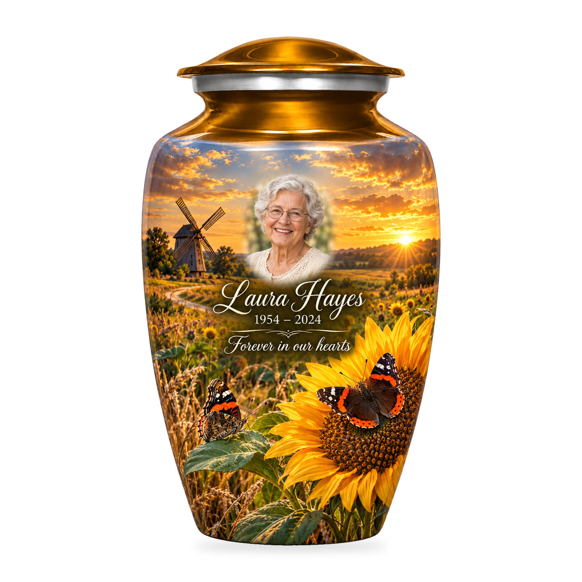 Yellow adult Sunflower Mill butterfly urn with fictional sample portrait, name and years, shown on white.