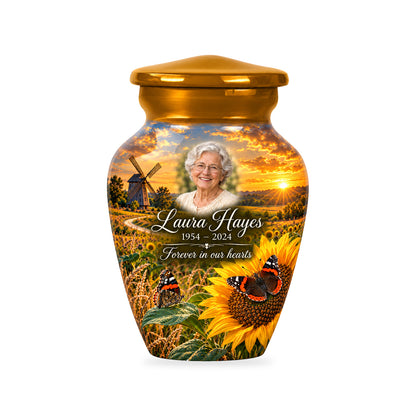 One ringless Sunflower Mill butterfly keepsake urn with fictional sample portrait and text.