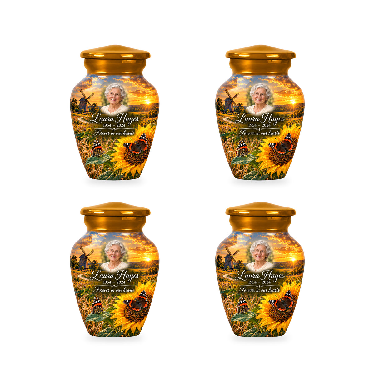 Four matching ringless Sunflower Mill butterfly keepsake urns with fictional sample personalization.