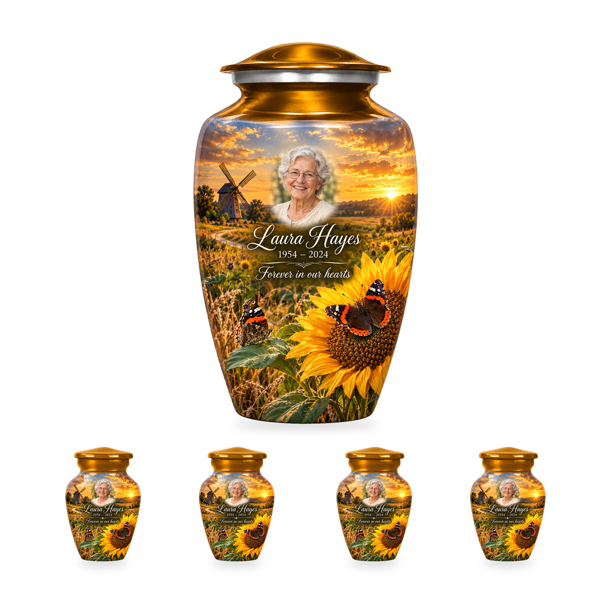 Sunflower Mill adult butterfly urn with four matching ringless keepsakes; the selected package includes five urns.