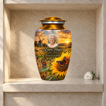 Sunflower Mill adult butterfly urn in a styled columbarium display; decorative props are not included.