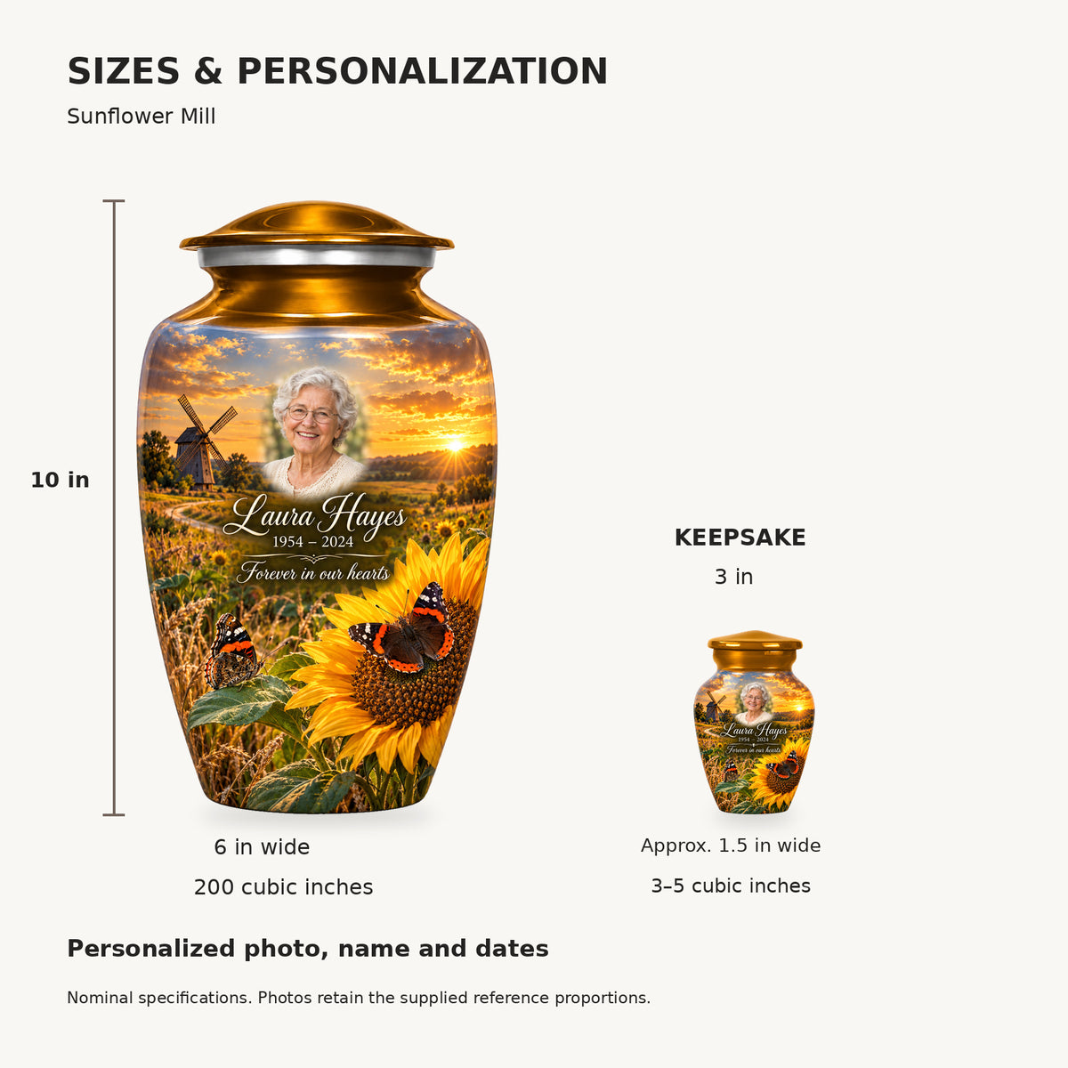 Nominal dimensions: adult 10 inches high, 6 inches widest, 200 cubic inches; keepsake 3 inches high, approximately 1.5 inches wide, 3–5 cubic inches.